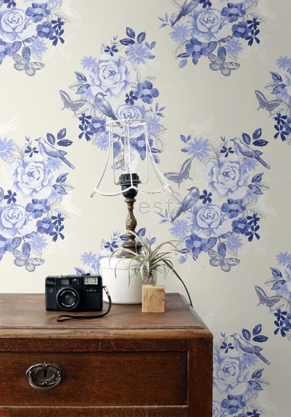 ESTAhome Tapete Blumen und Vögel Indigoblau - 53 cm x 10.05 m - 138124