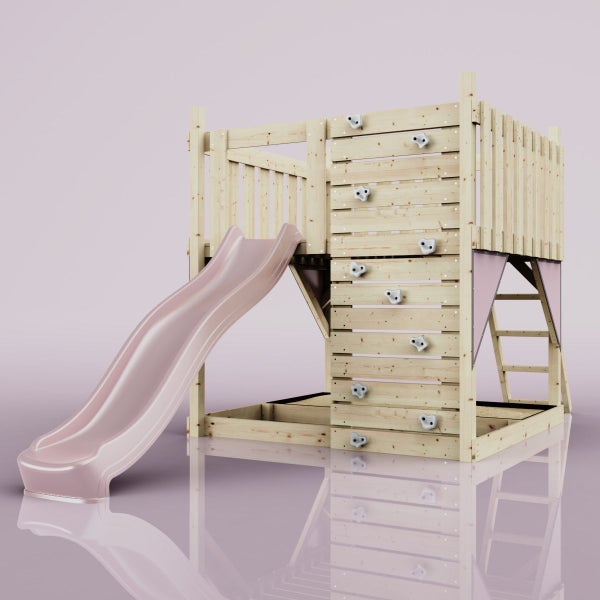 Spielturm mit Rutsche und Kletterwand aus Holz