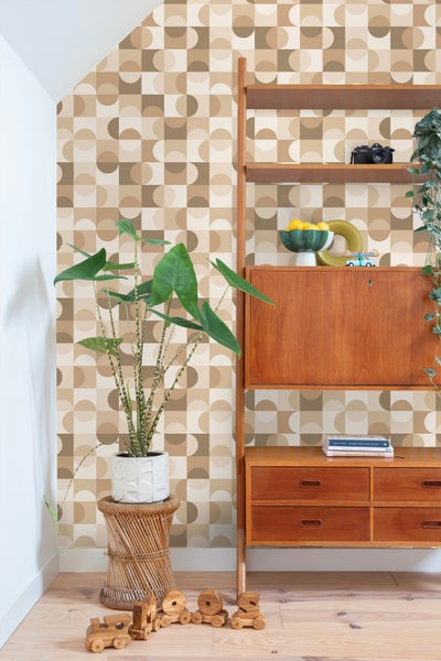 ESTAhome Tapete Kreise im Bauhaus-Stil Beige, Braun und Weiß - 50 x 900 cm - 130937