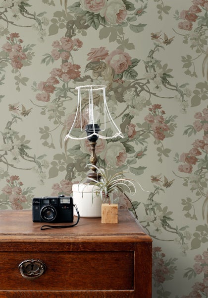 ESTAhome Tapete Blumen und Vögel Graugrün - 50 x 900 cm - 139810