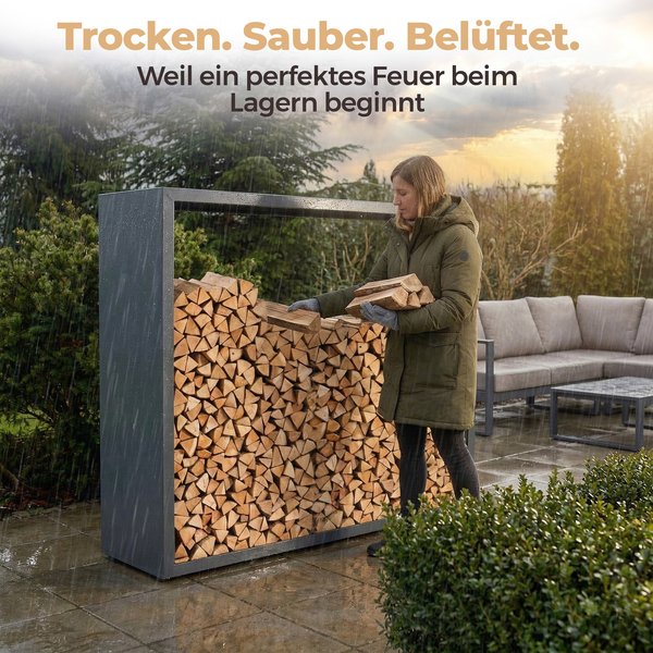 Eine Frau stapelt Kaminholz in ein dunkles Metallregal auf einer Terrasse bei Regen, mit Gartenmöbeln und Pflanzen im Hintergrund.