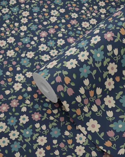 ESTAhome Tapete Blumen Dunkelblau, Violettrosa und Graugrün - 53 cm x 10.05 m - 139471