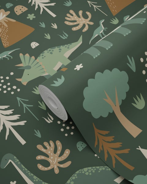 ESTAhome Tapete Dinosaurier Dunkelgrün und Braun - 50 x 900 cm - 139802