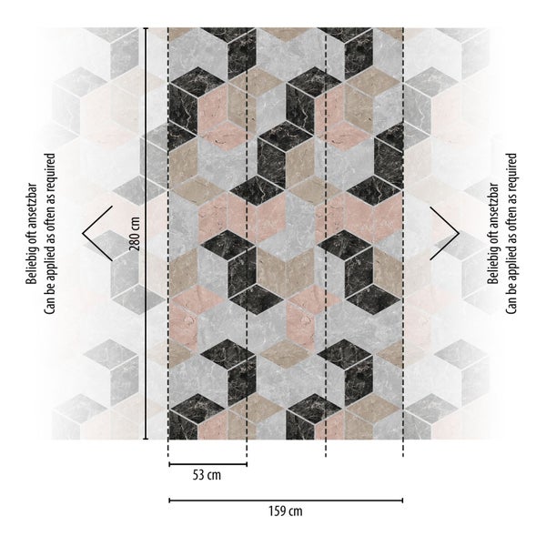 Tapete mit geometrischem Würfelmuster und Maßangaben