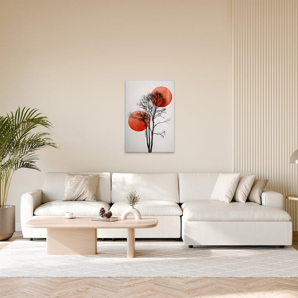 Wandbild mit Baummotiv vor zwei Kreisen im Wohnzimmer