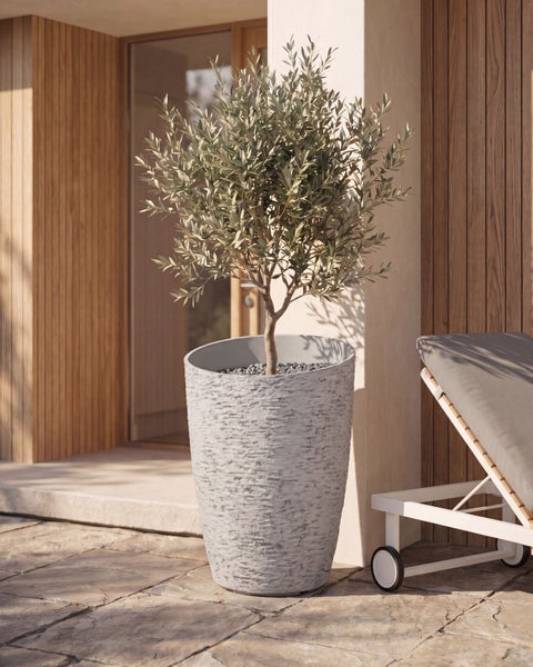 Hoher Pflanzkübel mit strukturierter Oberfläche und Olivenbaum auf einer Terrasse mit Holzverkleidung und Sonnenliege.
