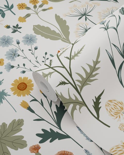 ESTAhome Tapete Feldblumen Ockergelb, Graugrün und Vintage Blau - 53 cm x 10.05 m - 139391