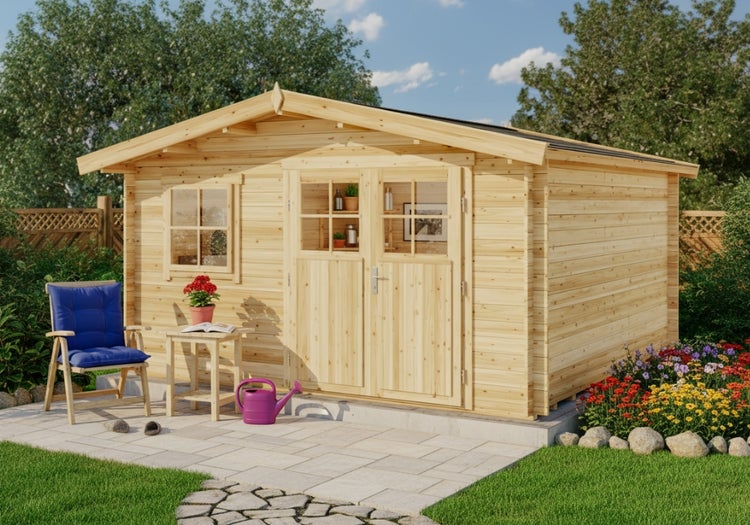 Gartenhaus aus Holz mit Doppeltür, Fenster und Dekoration im Garten