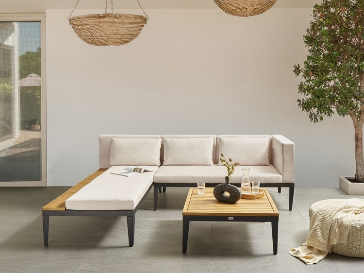 Garten Ecksofa mit Tisch 3-Sitzer BRACCIANO rechtsseitig zertifiziertes Akazienholz Hellbeige