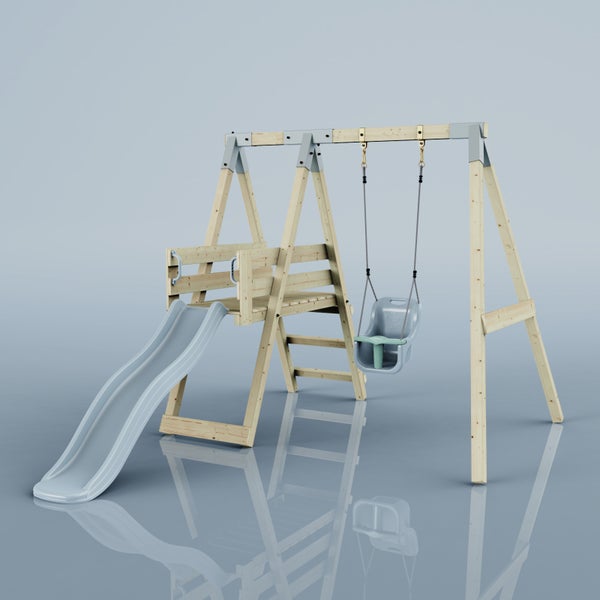 Kinderspielplatz aus Holz mit hellblauer Wellenrutsche, Kleinkindschaukel und Podest mit Leiter.