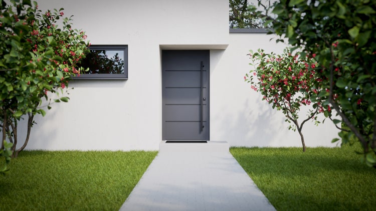 Moderne Haustür mit Glaseinsatz und Edelstahlgriff