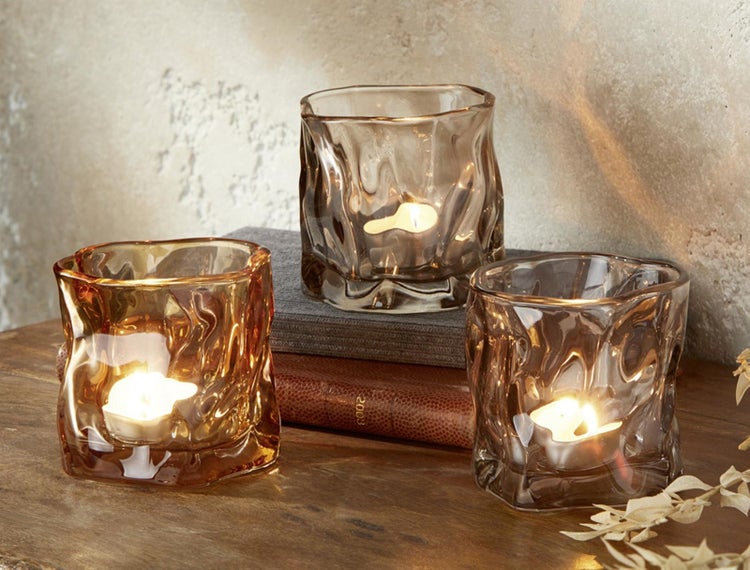 Dekoleidenschaft 3x Teelichthalter Crush aus Glas, in orange, braun und grau, Windlicht, Teelichtgläser, Glaswindlicht