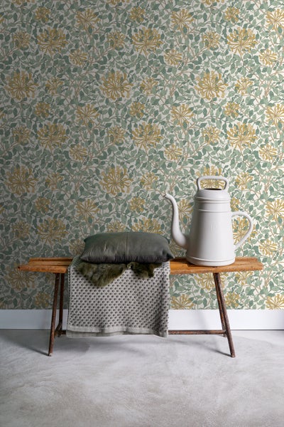 ESTAhome Tapete Blumen Türkis und Ockergelb - 50 x 900 cm - 131031