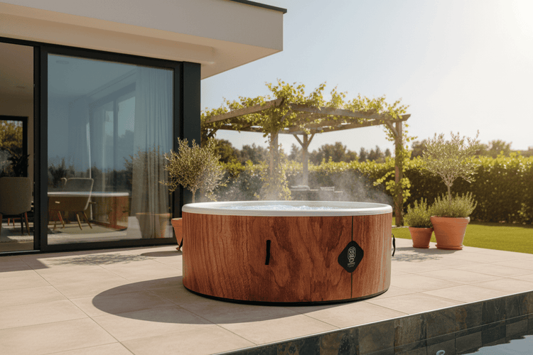 Aufblasbarer Whirlpool in Holzoptik mit COCO SPA Logo auf einer hellen Terrasse neben einem modernen Haus mit Garten und Pergola.