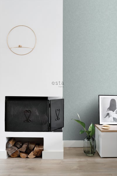 Dekoratives Interieur mit Kamin, Holz und Zimmerpflanze