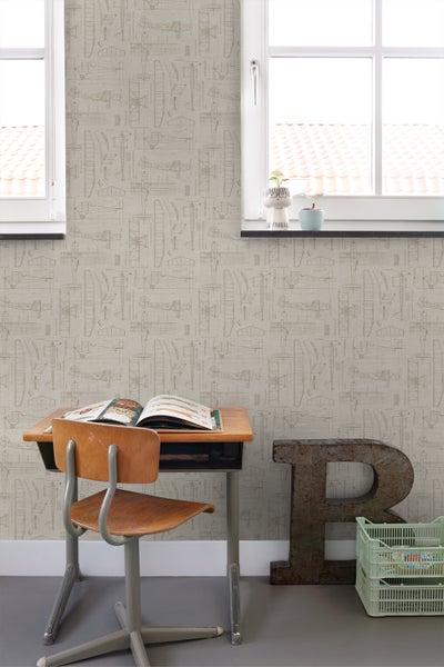 ESTAhome Tapete Kontruktionszeichnungen von Flugzeugen Beige und Sandbraun - 50 x 900 cm - 139959