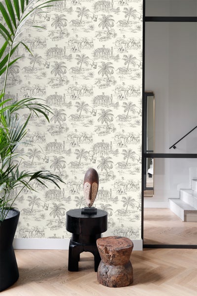 Origin Wallcoverings Tapete Dschungeltiere Elfenbeinweiß und Grau - 53 cm x 10.05 m - 347442