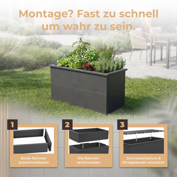 Dunkelgraues Metallhochbeet im Garten mit Kräutern. Montageanleitung: Rahmen zusammenbauen, verschrauben, Schneckenschutz und Boden einsetzen.