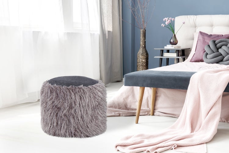 Pouf, Fellpouf Hocker modern Dunkelgrau / Schwarz Rund Ø 45 cm