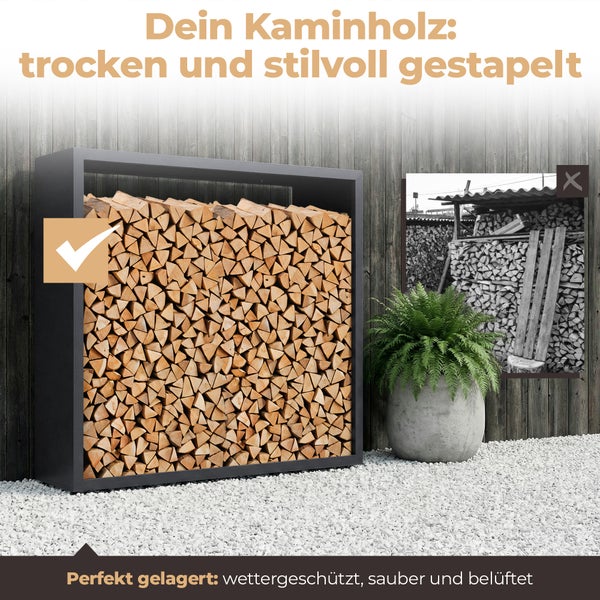 Modernes Kaminholzregal aus Metall mit ordentlich gestapeltem Brennholz in einem organisierten Außenbereich mit Kies und Pflanze.