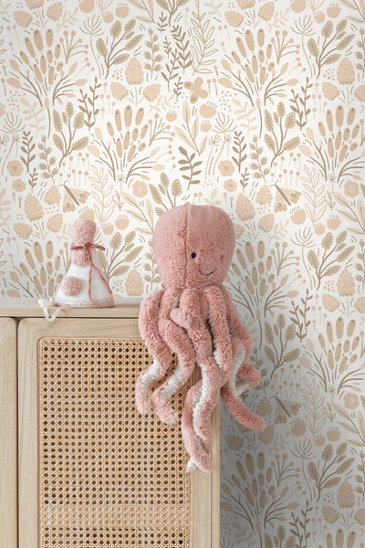 ESTAhome Tapete Blätter und Blumen Weiß und Beige - 50 x 900 cm - 131389