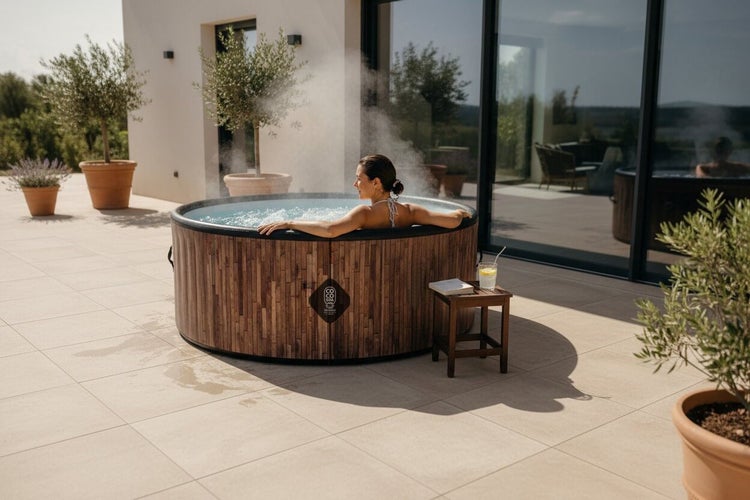 Aufblasbarer Whirlpool in Holzoptik auf einer hellen Terrasse vor einem modernen Haus mit einer Person.