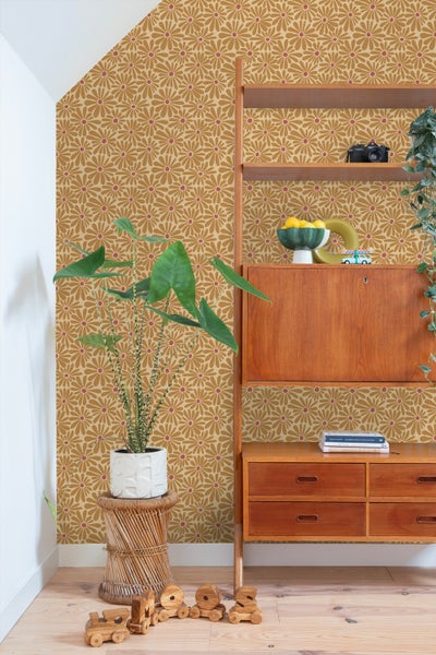 ESTAhome Tapete Gänseblümchen Ockergelb und Rosa - 50 x 900 cm - 131152