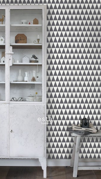 ESTAhome Tapete grafische, geometrische Dreiecke Dunkelgrau und Weiß - 53 cm x 10.05 m - 148672