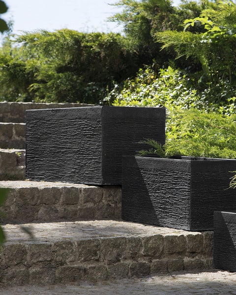 Drei Pflanzkästen auf einer Steintreppe mit Pflanzen darin.