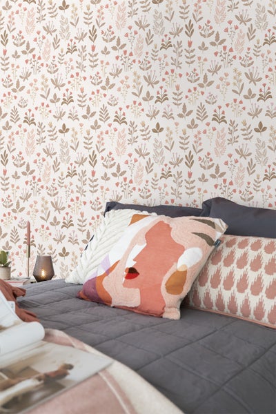 ESTAhome Tapete Feldblumen Graugrün, Hellrosa und Rot - 50 x 900 cm - 131093