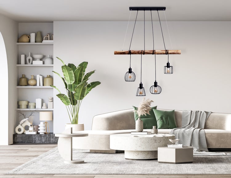 4er Pendelleuchte WOODLAND,  Hängelampe, Metall und Holz in Schwarz, und natur- E27-Fassung, für Esszimmer, Wohnzimmer, Diele oder Büro, 100 cm lang