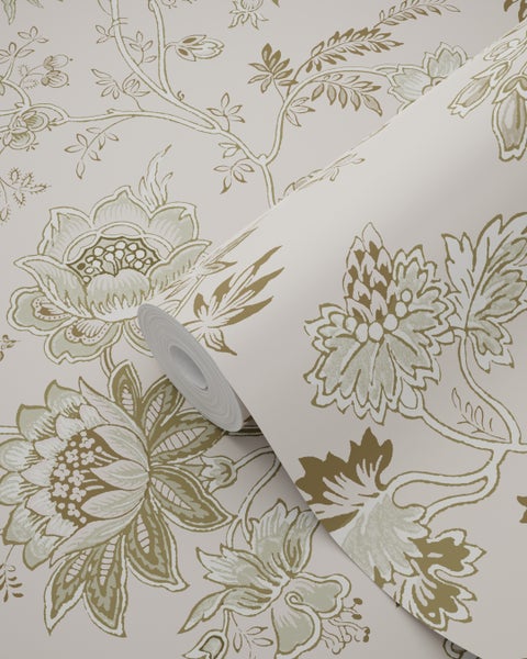 ESTAhome Tapete Blumenmuster Altrosa und Olivgrün - 53 cm x 10.05 m - 139401