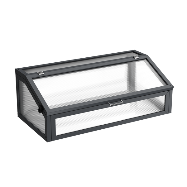 Anthrazitfarbener Frühbeet-Aufsatz aus Aluminium mit Hohlkammerplatten aus Polycarbonat für den Garten.