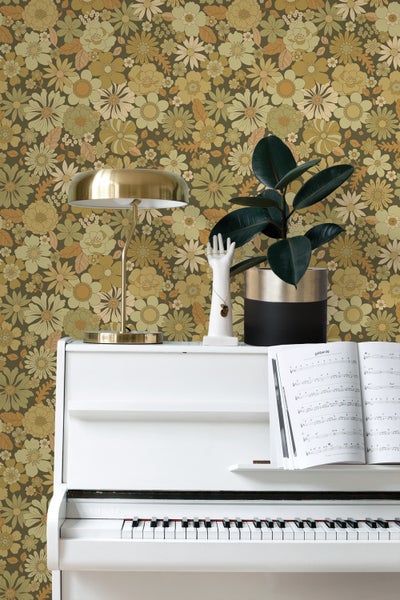 ESTAhome Tapete Retro Blumen Olivgrün - 50 x 900 cm - 130967