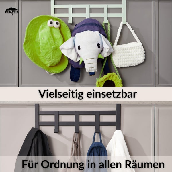Zwei Ansichten einer Türgarderobe mit mehreren Haken, genutzt für Kinderartikel sowie Kleidung und Taschen zur Organisation. Dekazia Logo.