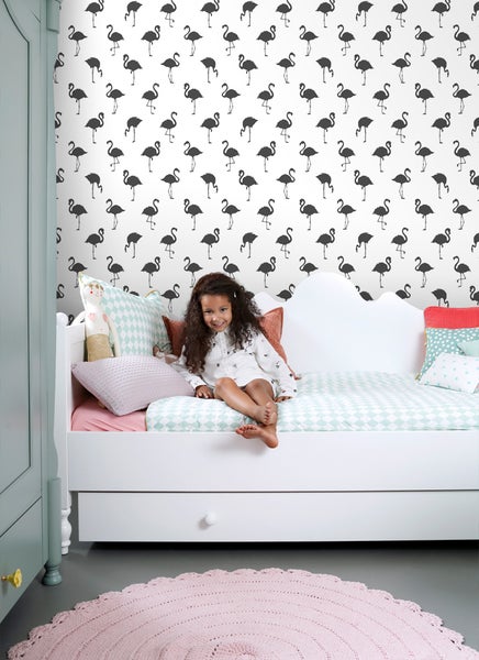 ESTAhome Tapete Flamingos Schwarz und Weiß - 53 cm x 10.05 m - 138993