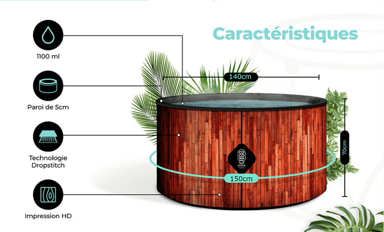 Runder Whirlpool in Holzoptik: 1100 Liter, 5 Zentimeter Wandstärke, Dropstitch, HD-Druck. Durchmesser 150 Zentimeter. Coco Spa Logo.