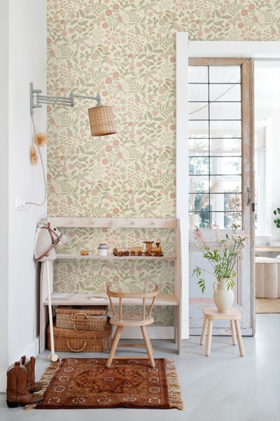 ESTAhome Tapete Blumen und Vögel Grün und Rosa - 50 x 900 cm - 139869