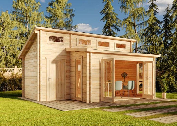 Alpholz Gartenhaus Lausitz ISO mit Falttür & Anbau Gartenhaus aus Holz, Holzhaus mit 40 mm Wandstärke, Blockbohlenhaus mit Montagematerial, Naturbelassen 5,7x4,2m