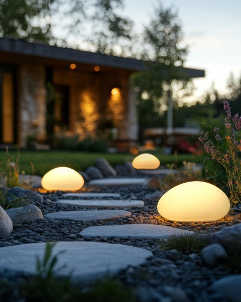 Gartenleuchten in Form von Leuchtsteinen auf einem Pfad aus Trittsteinen und Kies vor einem Haus in der Abenddämmerung.