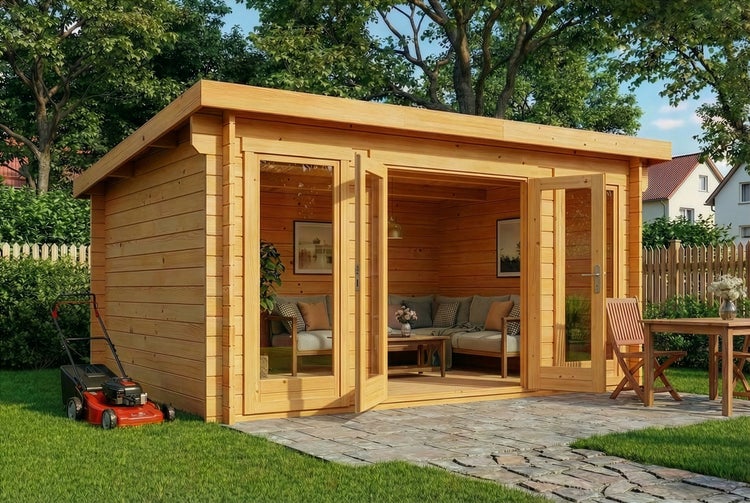 Hell eingerichtetes Gartenhaus aus Holz mit Pultdach und Glastüren auf einer gepflasterten Terrasse mit Gartenmöbeln und einem Rasenmäher im Garten.