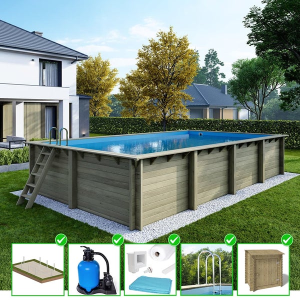 Aufstellpool mit Holzverkleidung, Leiter und Poolzubehör im Garten