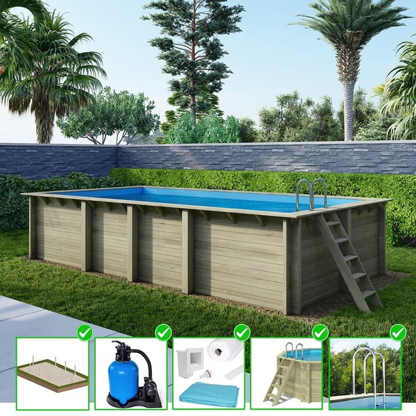 Rechteckiger Holzpool mit Leiter und Filteranlage im Garten.