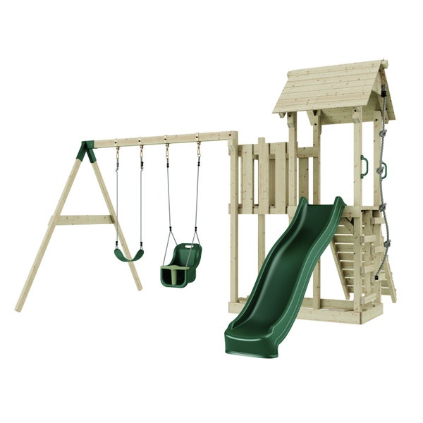 Spielplatz mit Schaukel und Rutsche aus Holz