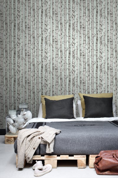 ESTAhome Tapete Birkenstämme Pastell Mintgrün und Grau - 53 cm x 10.05 m - 138890