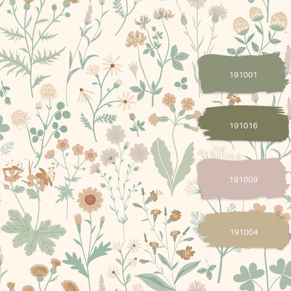 ESTAhome Tapete Feldblumen Grün, Terrakotta und Violett - 53 cm x 10.05 m - 139481