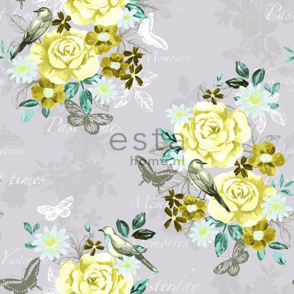 ESTAhome Tapete Blumen und Vögel Gelb - 53 cm x 10.05 m - 138123