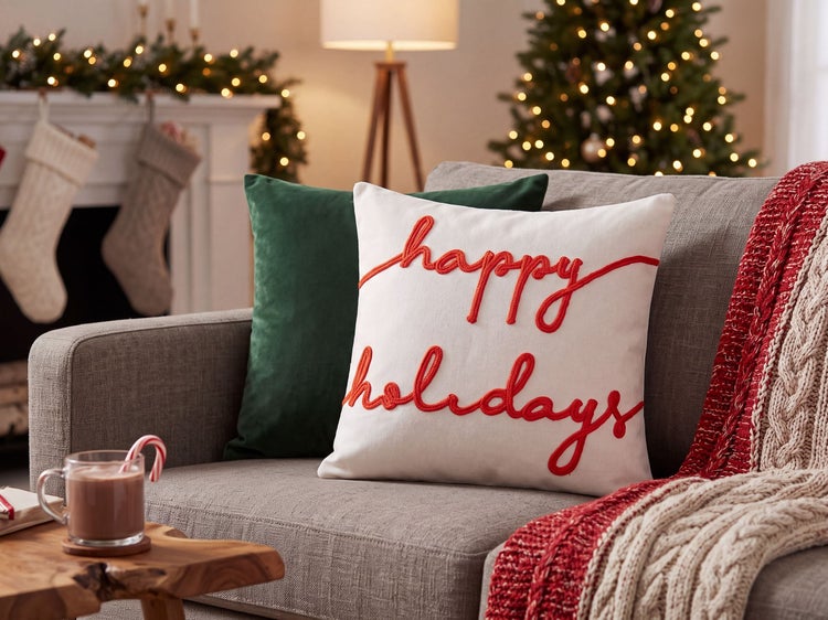 Weihnachtskissen mit Stickerei Happy Holidays auf einem Sofa in einem festlich dekorierten Wohnzimmer mit Weihnachtsbaum und Kamin