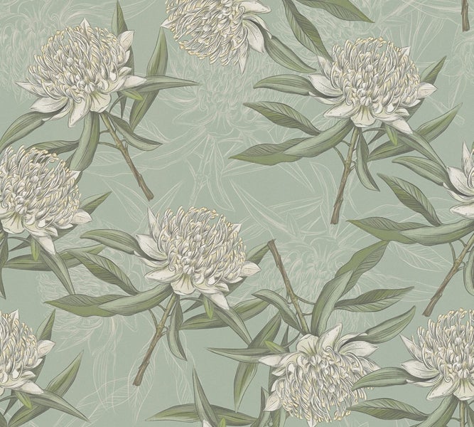 Wohnzimmer mit schwarzem Klavier, Stuhl, Lampe, Vase, Blumenschmuck, Wandbild und gemusterter Tapete