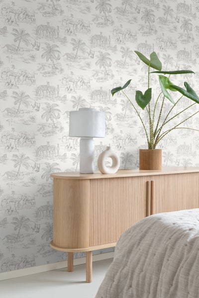 Origin Wallcoverings Tapete Dschungeltiere Weiß und Silbergrau - 0,53 x 10,05 m - 347692